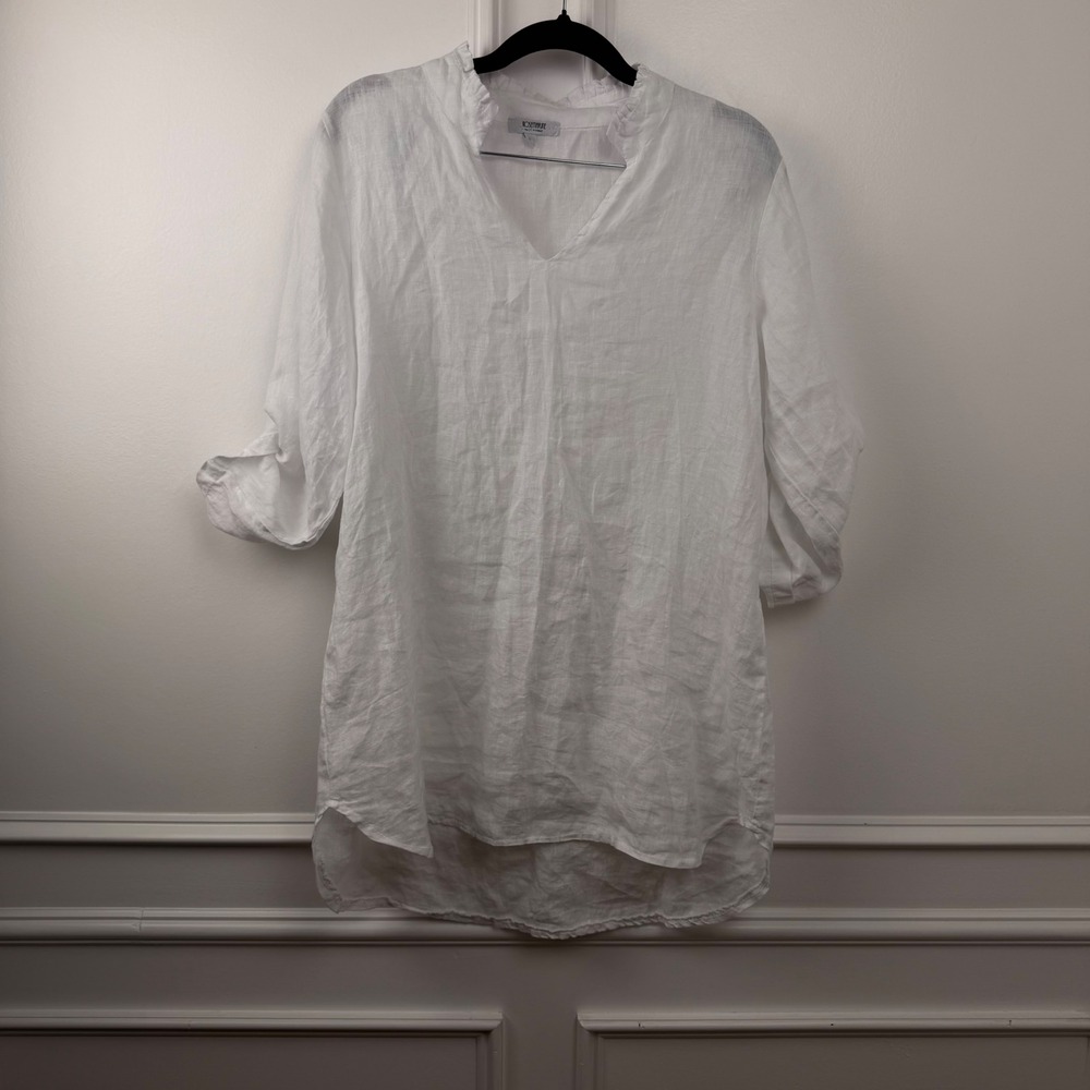 Rosemarine Italy White 100%‎ Linen Tunic Top V-Neck Ruffle Collar 3/4 Sleeve